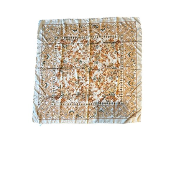 Vintage Floral Paisley Silk blend  Square Scarf Ivory & Gold Autumn Pattern - Picture 5 of 5
